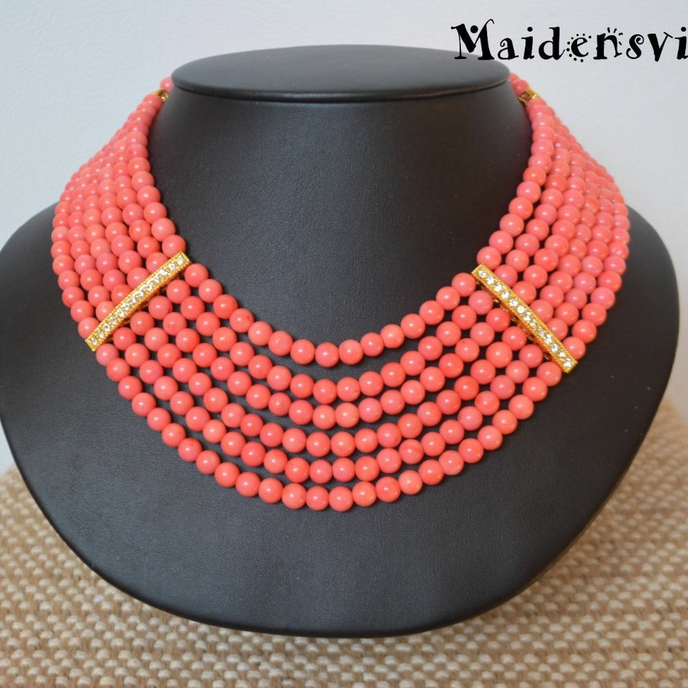 Coral Multi-strand Necklace with Rhinestone 6 Rows
